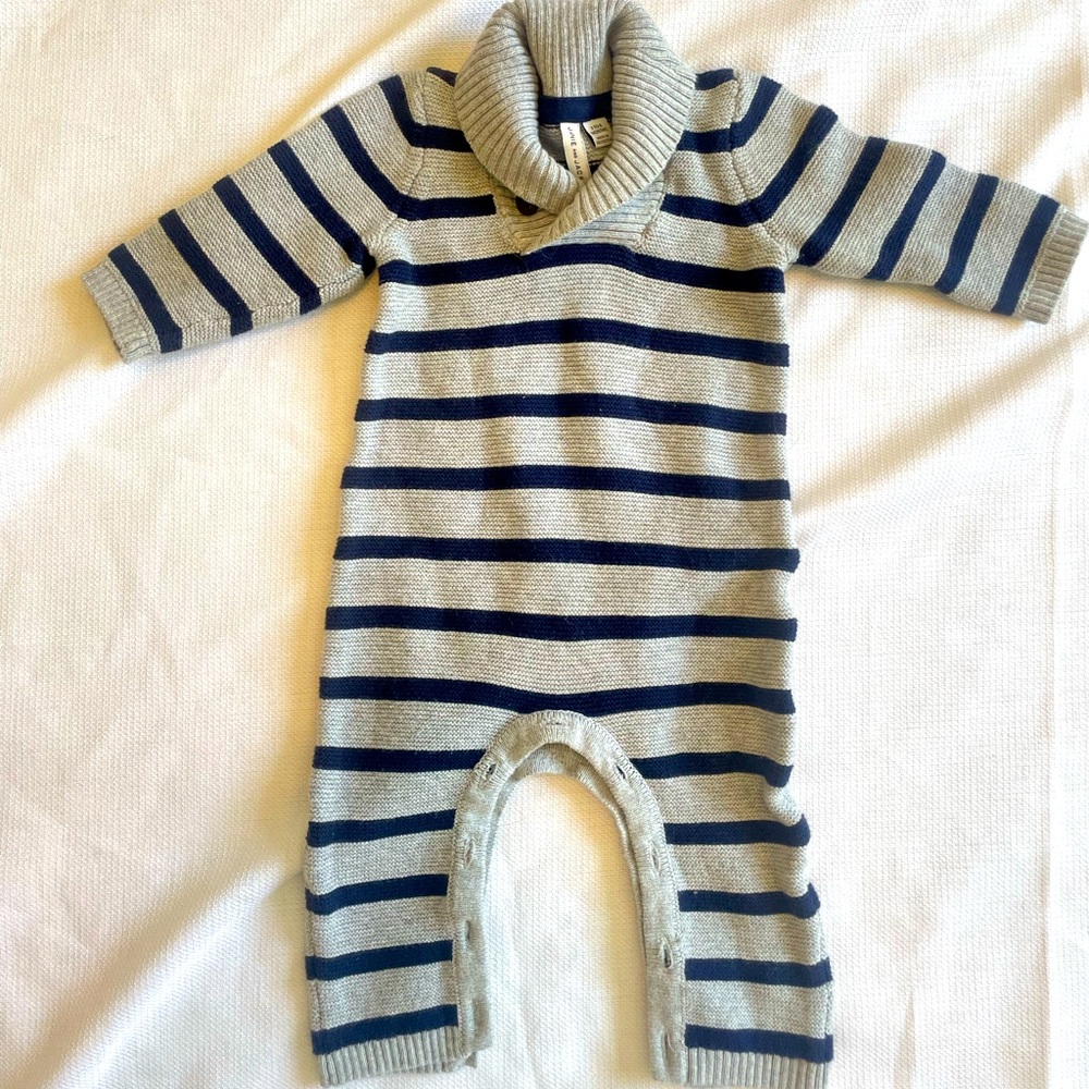 EUC Janie & Jack boys blue and gray striped cardigan onesie